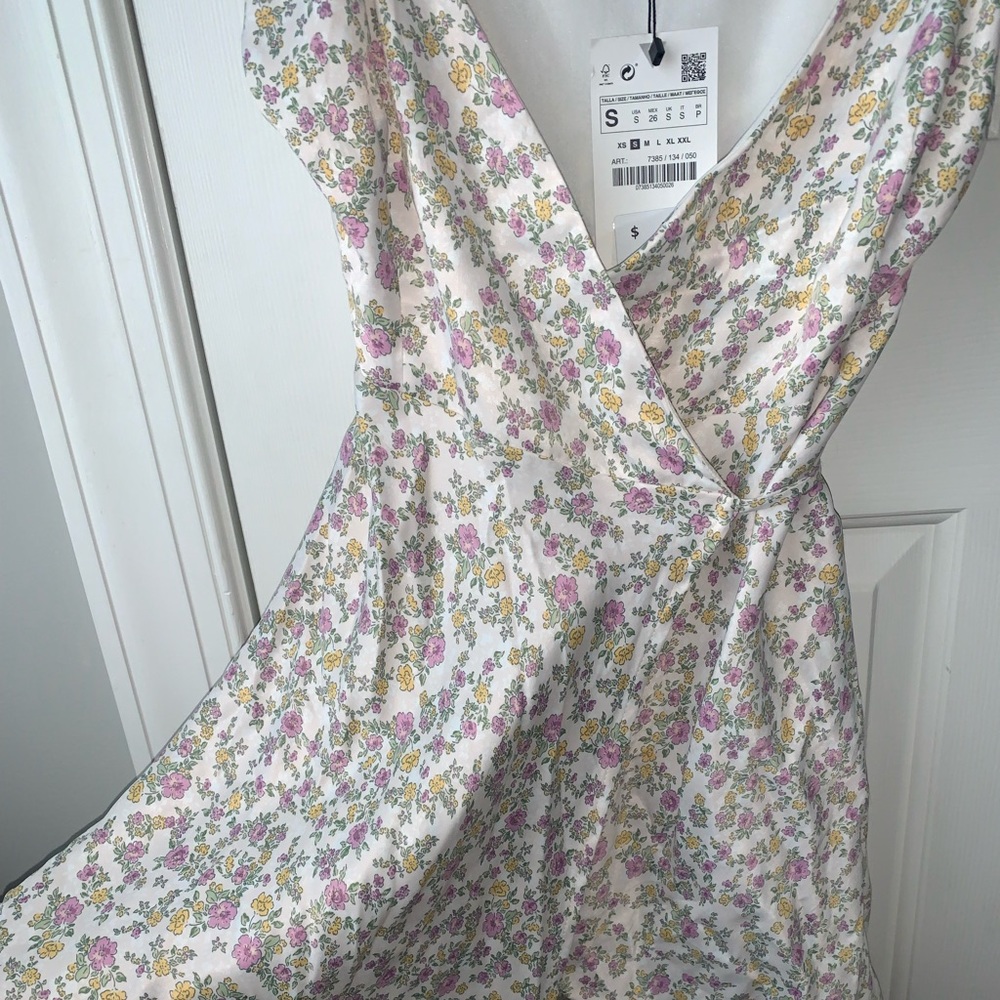 Zara Floral Puff Sleeved Silk Tie Dress